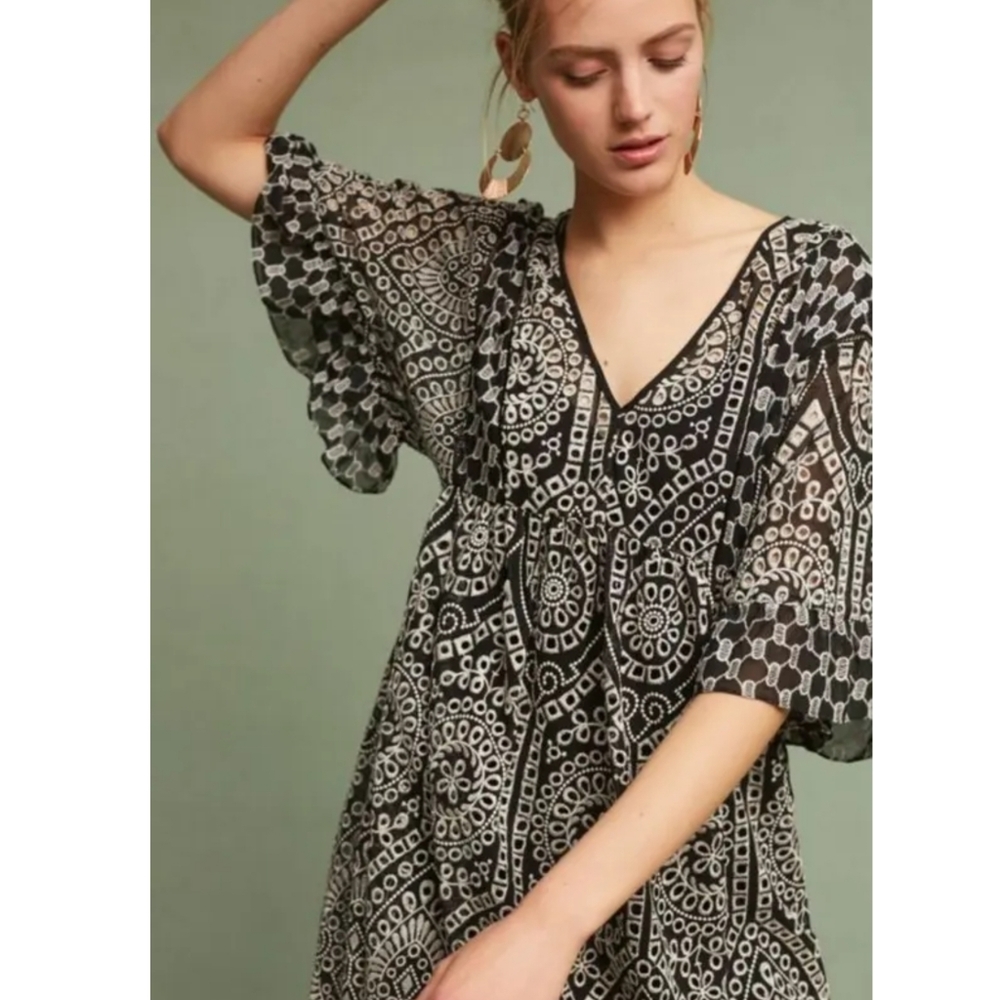 Anthropologie Akemi + Kin Brooke Eyelet Swing Dress Size 2 In Black Tan